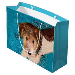 Sacola Para Presentes Grande Fox Terrier Puppy Painting - Arte Original De Cão