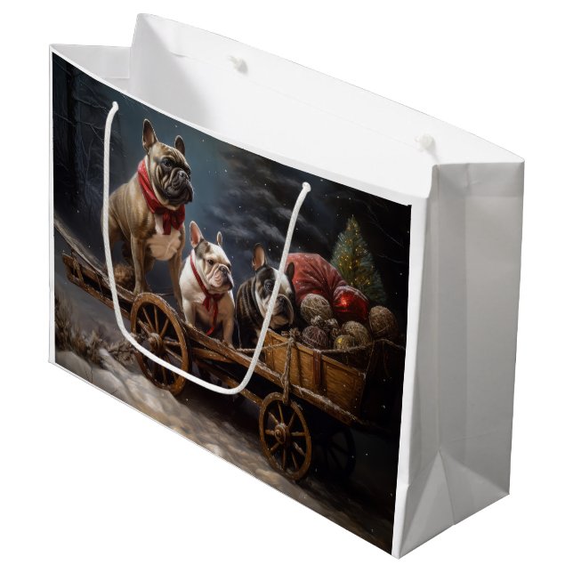 Sacola Para Presentes Grande Francês Bulldog Snowy Sleigh Decência de Natal (Frente inclinada)