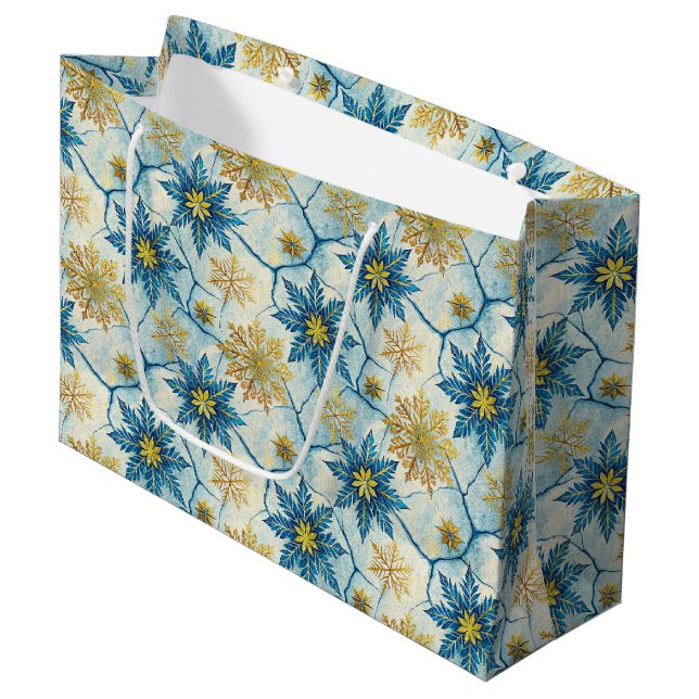 Sacola Para Presentes Grande Frozen Elegance Blue and Gold Snowflake (Frente inclinada)