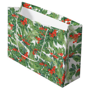 Sacola Para Presentes Grande Frutas Vermelhas Azevinho Verde Floral Natal Féria