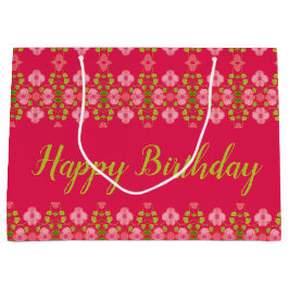 Sacola Para Presentes Grande Fuchsia Com Floral Rosa