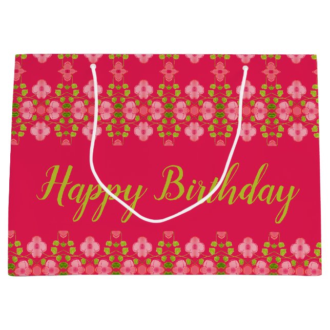 Sacola Para Presentes Grande Fuchsia Com Floral Rosa (Frente)