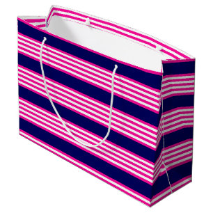Sacola Para Presentes Grande Fuchsia e padrão de cinco faixas brancas com azul