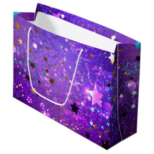 Sacola Para Presentes Grande Fundo de folhas roxas com estrelas