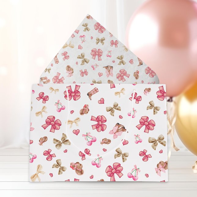 Sacola Para Presentes Grande Garota Rosa Boots Arcos Coquette Patterno (Large bag with coordinate tissue paper.)