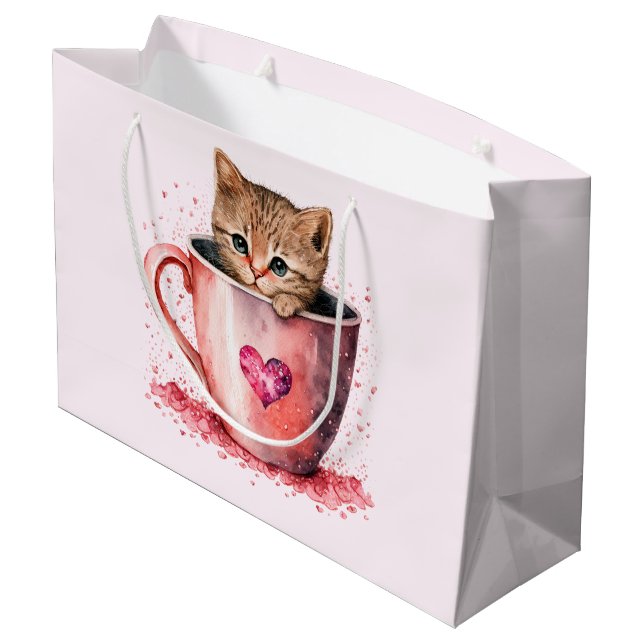 Sacola Para Presentes Grande Gatinho Bonito num Teacup com Corações (Verso inclinado)