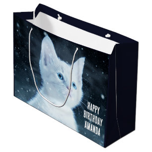 Sacola Para Presentes Grande Gatinho branco e bonito com Bonito aniversário de 