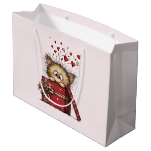 Sacola Para Presentes Grande Gatinho de Desenho Animado Fofo com Corações