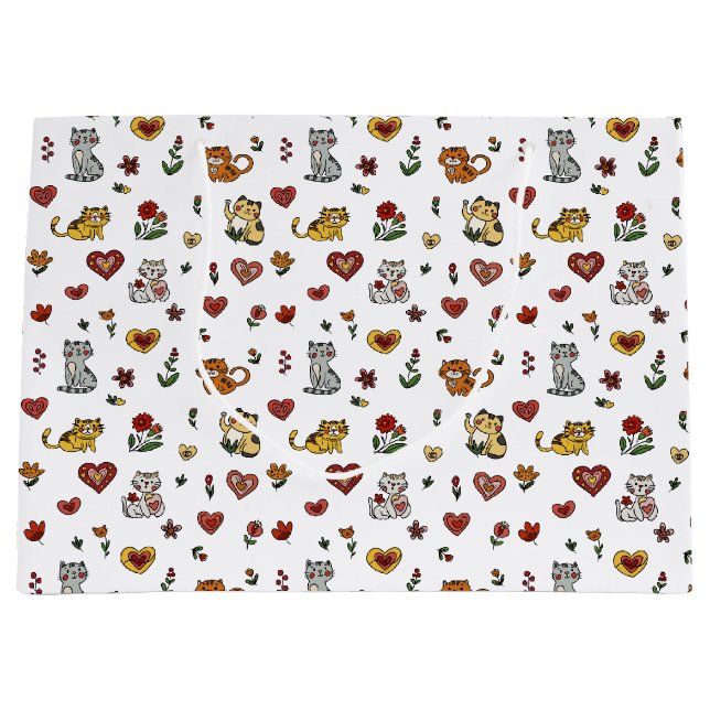 Sacola Para Presentes Grande Gatinhos e Corações Bonitos Saco de Presente (Frente)