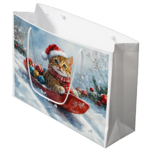 Sacola Para Presentes Grande Gato Abissínio em Trenó Neve Christmas
