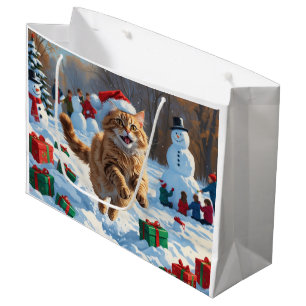 Sacola Para Presentes Grande Gato Angora Turco Correndo na Neve com Chapéu de N
