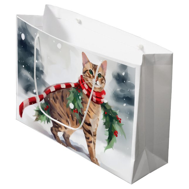 Sacola Para Presentes Grande Gato Bengala no Natal da Neve (Frente inclinada)