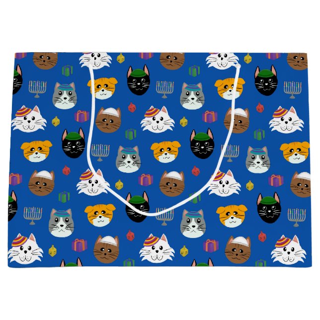 Sacola Para Presentes Grande Gato Bonito Hannukah Patternado (Frente)
