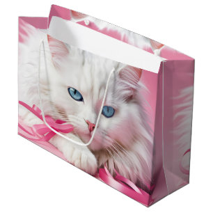 Sacola Para Presentes Grande Gato Branco Com Fitas Rosa