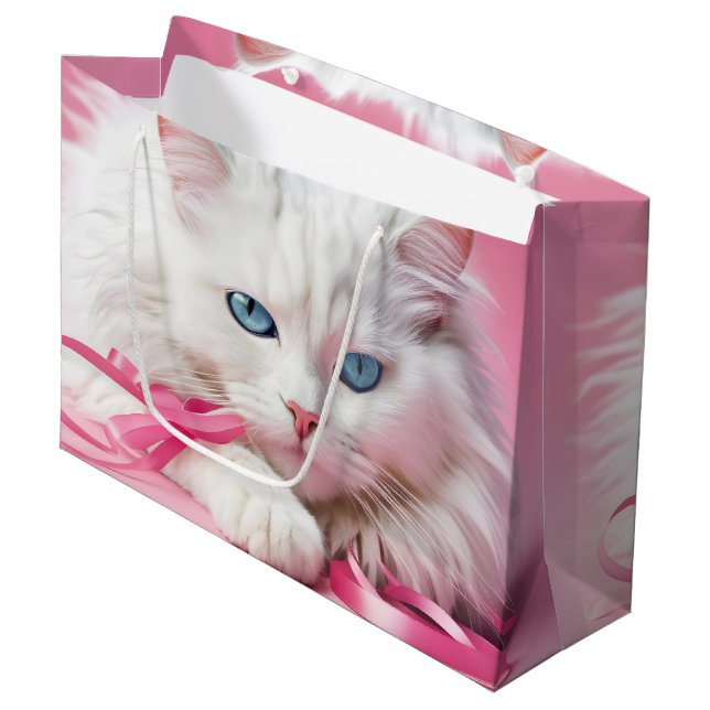 Sacola Para Presentes Grande Gato Branco Com Fitas Rosa (Frente inclinada)