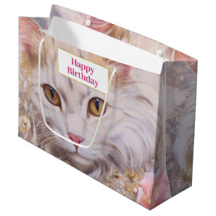 Sacola Para Presentes Grande Gato Branco Elegante no Aniversário do Dourado e d