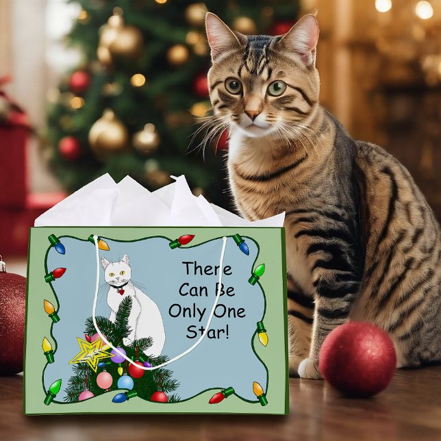Sacola Para Presentes Grande Gato Branco Engraçado da Árvore de Natal (Criador carregado)