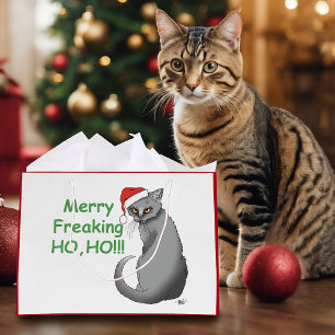 Sacola Para Presentes Grande Gato Cinza Engraçado Mal-Humorado Natal Humor de F