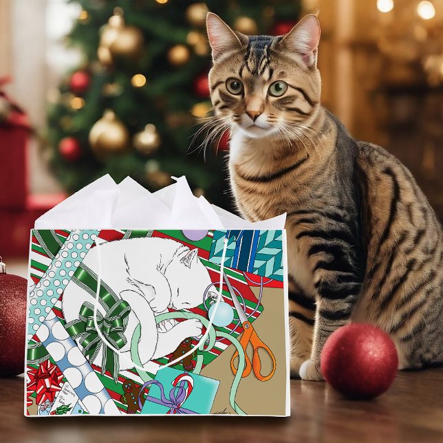 Sacola Para Presentes Grande Gato de Natal Branco (Criador carregado)