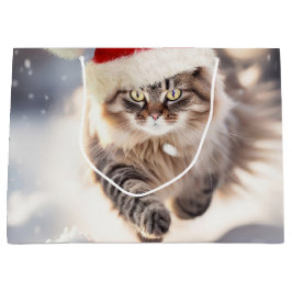 Sacola Para Presentes Grande Gato de Natal Maine Coon na Neve