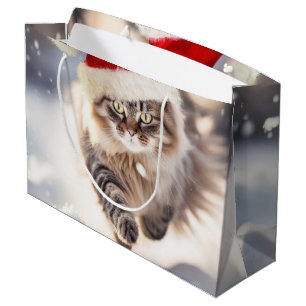 Sacola Para Presentes Grande Gato de Natal Maine Coon na Neve
