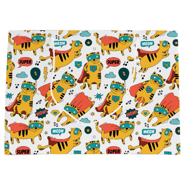 Sacola Para Presentes Grande Gato de Super Herói Engraçado (Frente)