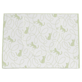 Sacola Para Presentes Grande Gato Divertido e Padrão de Bola de Lã Verde Sage C