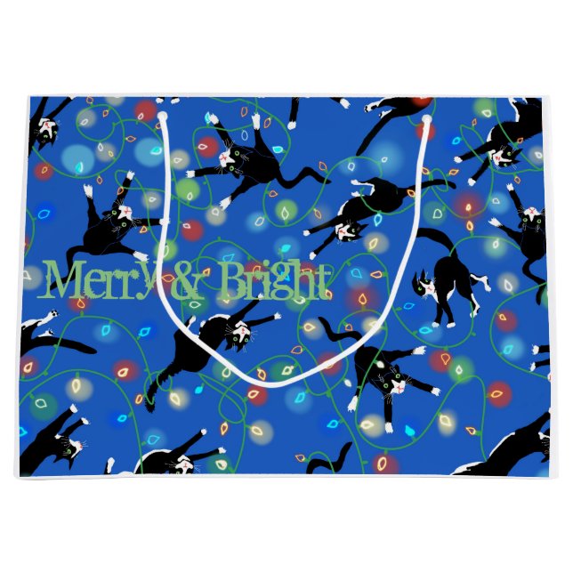 Sacola Para Presentes Grande Gato Engraçado e as luzes de Natal (Frente)