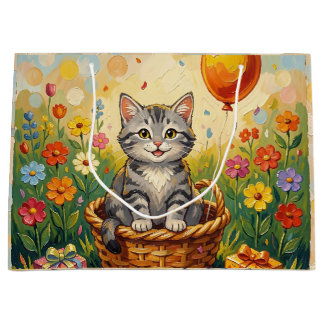 Sacola Para Presentes Grande Gato Listrado & Flores | Feliz Aniversário Menina