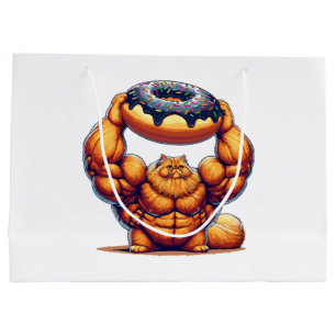 Sacola Para Presentes Grande Gato Musculoso Levantando Donut