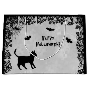 Sacola Para Presentes Grande Gato Negro com Bat, Feliz Halloween!