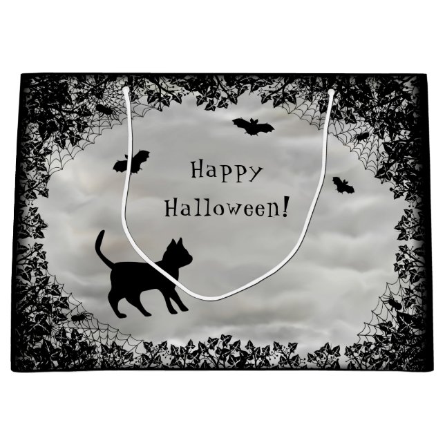 Sacola Para Presentes Grande Gato Negro com Bat, Feliz Halloween! (Frente)