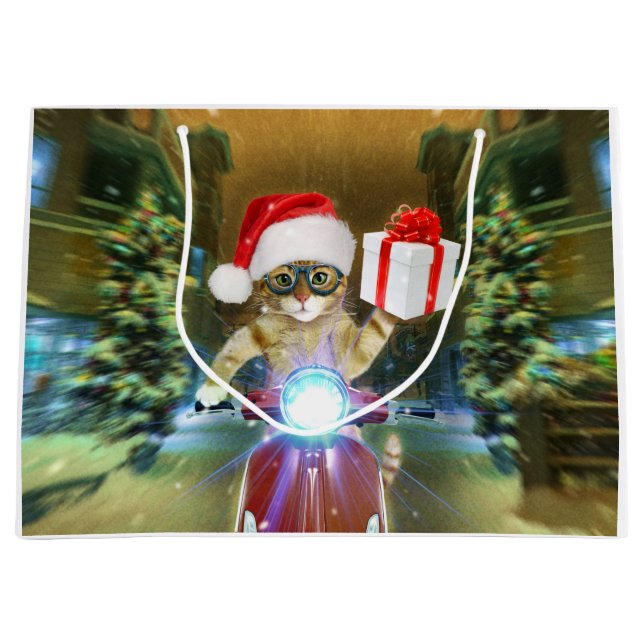 Sacola Para Presentes Grande Gato no Papai Noel que entrega presente de Natal (Frente)
