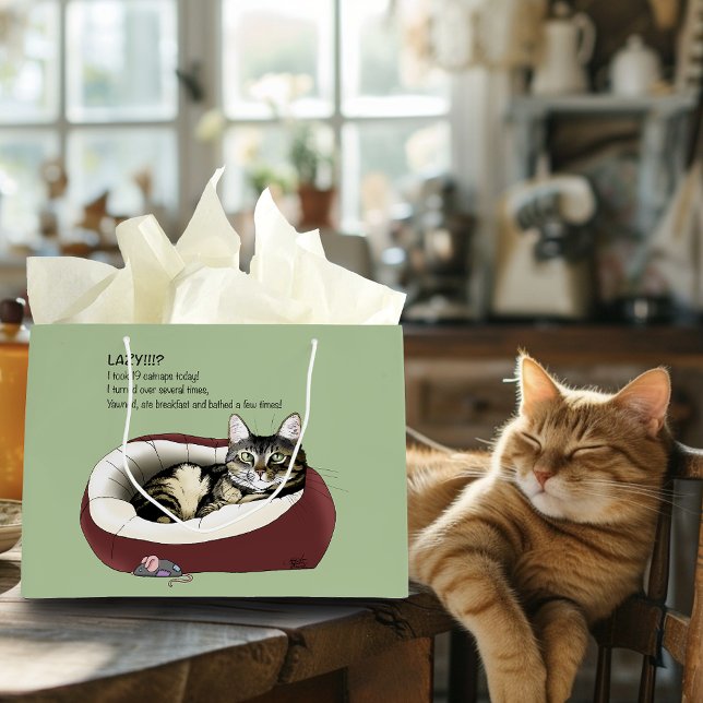 Sacola Para Presentes Grande Gato preguiçoso Cama Verde Engraçado (Criador carregado)