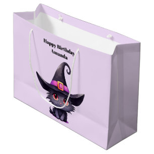 Sacola Para Presentes Grande Gato preto bonito Vestindo o chapéu de bruxa