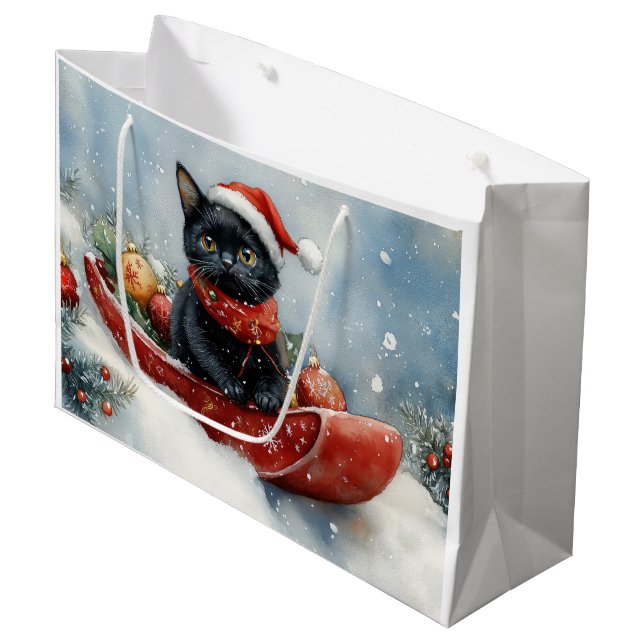 Sacola Para Presentes Grande Gato Preto com Lama Deixe-o nevar Natal (Frente inclinada)