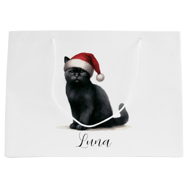 Sacola Para Presentes Grande Gato Preto de Aquarelas no Festivo Santa Hat Sag (Frente)