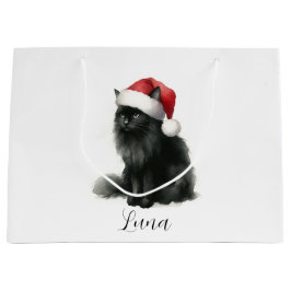 Sacola Para Presentes Grande Gato Preto de Aquarelas no Festivo Santa Hat Sag