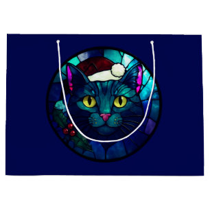 Sacola Para Presentes Grande Gato Preto de Natal de Vidro Colorido em Chapéu Ve