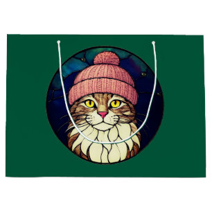 Sacola Para Presentes Grande Gato Tabby de Natal em Vidro Colorido com Boné Ros