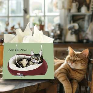 Sacola Para Presentes Grande Gato Tabby Fofo Dia das Mães Verde