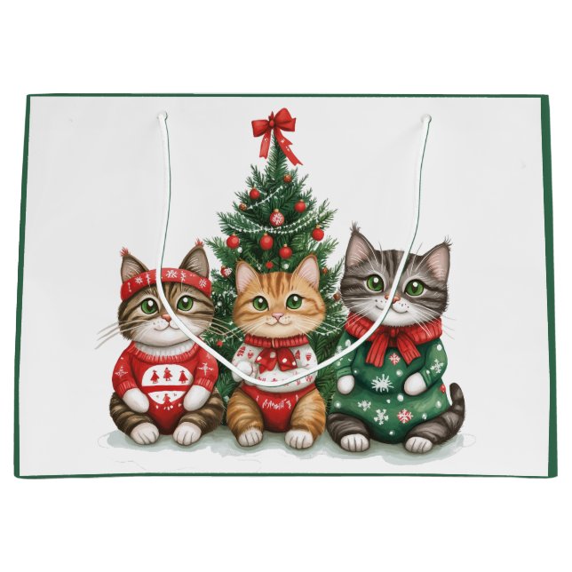 Sacola Para Presentes Grande Gatos de Natal bonitos (Frente)