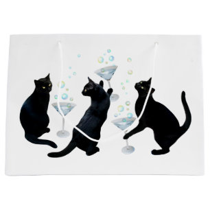 Sacola Para Presentes Grande Gatos Pretos com Martinis Gift Bag