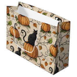 Sacola Para Presentes Grande Gatos Pretos e Abóboras Padrão de Halloween