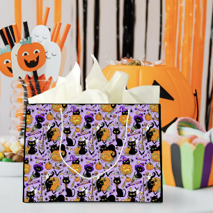 Sacola Para Presentes Grande Gatos pretos fofos de Halloween Abóboras Doces Rox