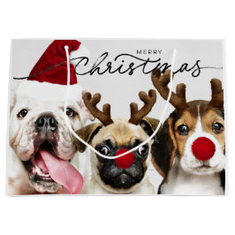 SACOLA PARA PRESENTES GRANDE GIFT BAG CHRISTMAS CÃES COM ANTLERS E SANTA HAT