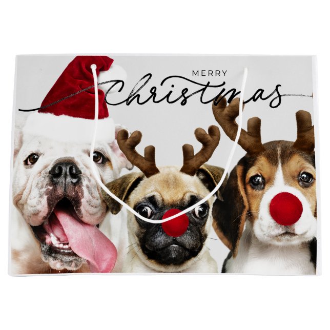 SACOLA PARA PRESENTES GRANDE GIFT BAG CHRISTMAS CÃES COM ANTLERS E SANTA HAT (Frente)