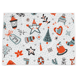 Sacola Para Presentes Grande Gift Bag FUN CONTEMPORARY CHRISTMAS PATTERN WHITE
