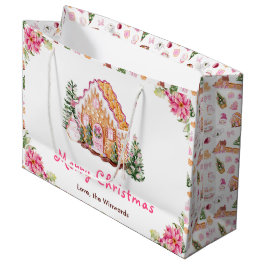 Sacola Para Presentes Grande Gingerbread House Pink Merry Christmas