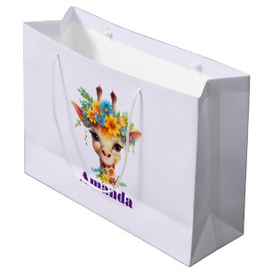 Sacola Para Presentes Grande Girafa Bonita com Coroa Floral